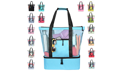 beach tote bag with cooler compartment portable mesh picnic thermal bag large capacity shoulder bag